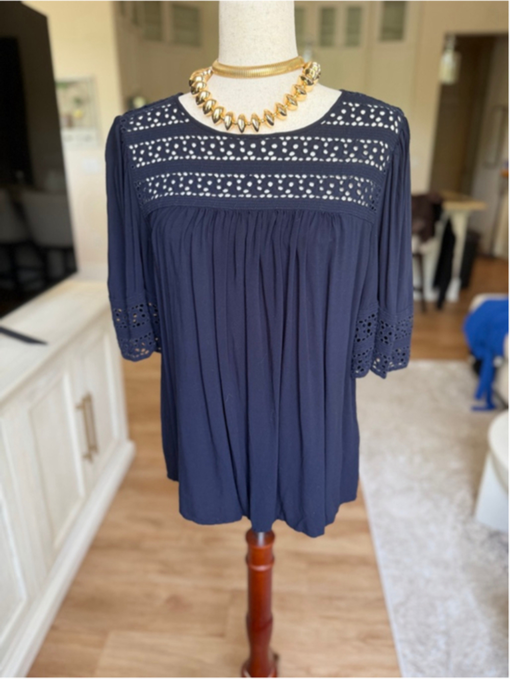 Women's LOFT Navy Tunic Top with Eyelet Detail, Size S